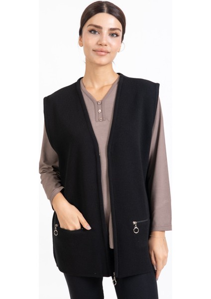 Kadın Orta Yaş ve Üzeri Triko Örgü Fermuarlı Cepli Rahat Kalıp Anne Yelek 314-SIYAH fiyatları
