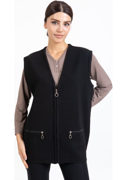 Kadın Orta Yaş ve Üzeri Triko Örgü Fermuarlı Cepli Rahat Kalıp Anne Yelek 314-SIYAH modelleri