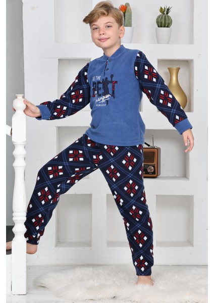 Yeni Sezon Sonbahar/kış Erkek Çocuk Best Desenli Yaka Düğmeli Polar Pijama Takımı 4533