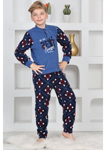 Yeni Sezon Sonbahar/kış Erkek Çocuk Best Desenli Yaka Düğmeli Polar Pijama Takımı 4533