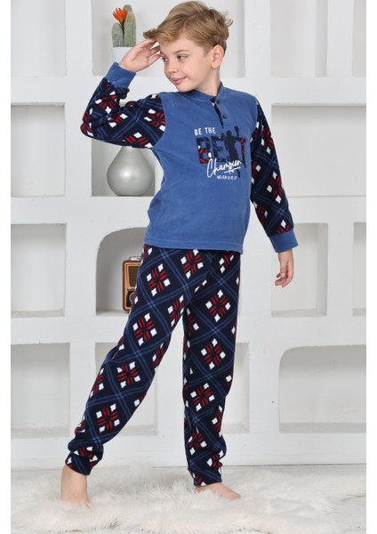 Yeni Sezon Sonbahar/kış Erkek Çocuk Best Desenli Yaka Düğmeli Polar Pijama Takımı 4533