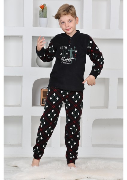 Yeni Sezon Sonbahar/kış Erkek Çocuk Best Desenli Yaka Düğmeli Polar Pijama Takımı 4533