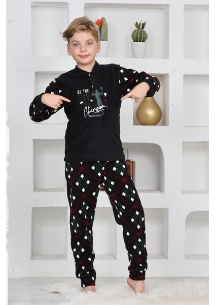 Yeni Sezon Sonbahar/kış Erkek Çocuk Best Desenli Yaka Düğmeli Polar Pijama Takımı 4533
