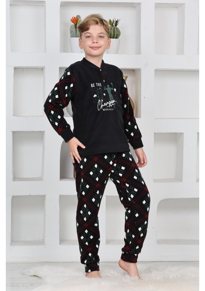 Yeni Sezon Sonbahar/kış Erkek Çocuk Best Desenli Yaka Düğmeli Polar Pijama Takımı 4533
