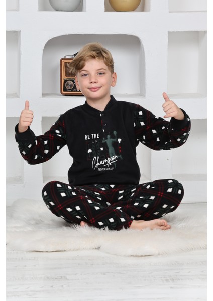 Yeni Sezon Sonbahar/kış Erkek Çocuk Best Desenli Yaka Düğmeli Polar Pijama Takımı 4533