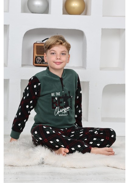 Yeni Sezon Sonbahar/kış Erkek Çocuk Best Desenli Yaka Düğmeli Polar Pijama Takımı 4533 indirimleri