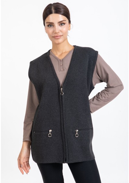 Kadın Orta Yaş ve Üzeri Triko Örgü Fermuarlı Cepli Rahat Kalıp Anne Yelek 314-Füme