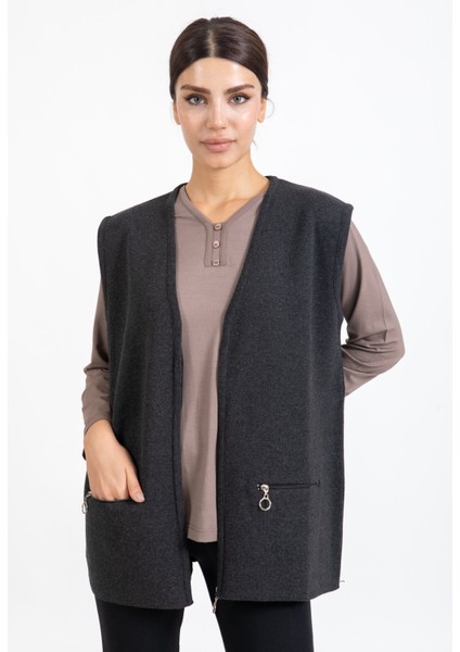 Kadın Orta Yaş ve Üzeri Triko Örgü Fermuarlı Cepli Rahat Kalıp Anne Yelek 314-Füme fiyatları