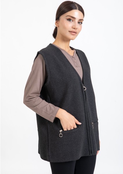 Kadın Orta Yaş ve Üzeri Triko Örgü Fermuarlı Cepli Rahat Kalıp Anne Yelek 314-Füme modelleri