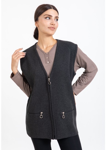 Kadın Orta Yaş ve Üzeri Triko Örgü Fermuarlı Cepli Rahat Kalıp Anne Yelek 314-Füme fırsatları