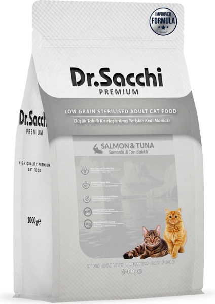 Dr. Sacchi Premium Düşük Tahıllı Somonlu ve Ton Balıklı Kısırlaştırılmış Kedi Maması 1 kg