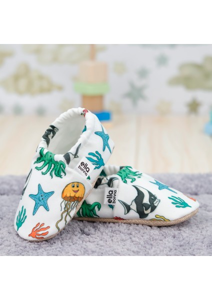 Desenli Bebek Patiği, Kaydırmaz Taban, Ev Kreş Ayakkabısı Panduf, Deniz Hayvanları