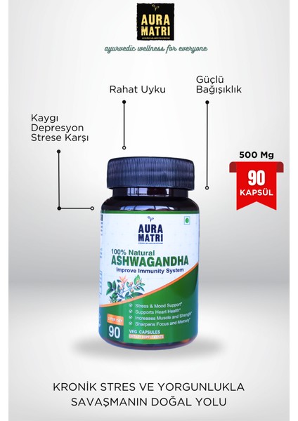 Aura Matri Ashwagan-Dha Ayurvedik Hindistan Menşeli Anksiyete ve Stres Kapsülü 500 Mg, 90 Kapsül