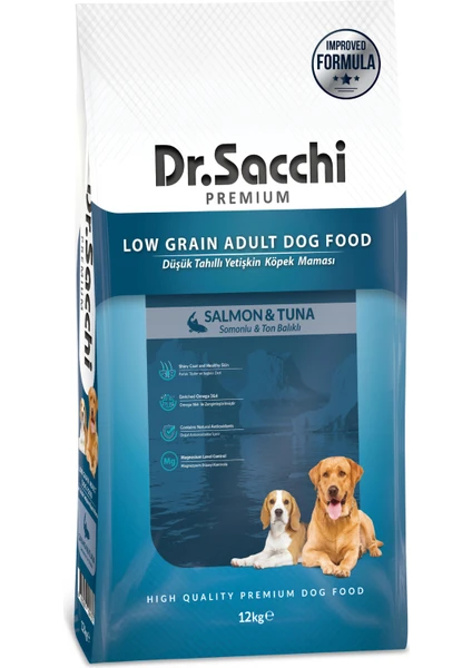 Dr.sacchi Premium Düşük Tahıllı Somonlu ve Ton Balıklı Yetişkin Köpek Maması 12 kg