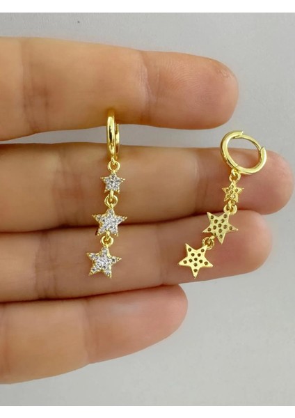 Arescollection Zirkon Taşlı 3 Lü Yıldız Sallantılı 1 Adet Helix Kıkırdak Lobe Uyumlu Halka Piercing Küpe