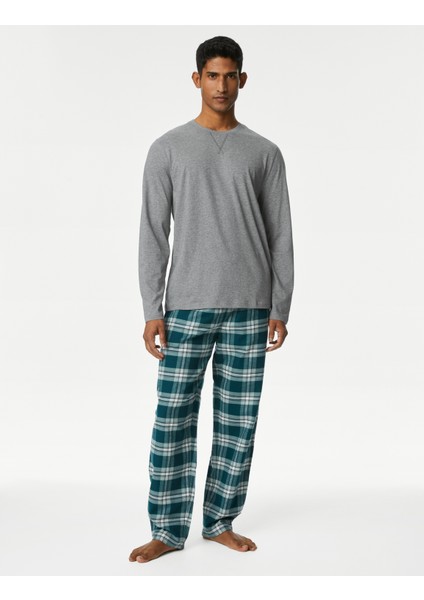 Saf Pamuklu Uzun Kollu Pijama Takımı