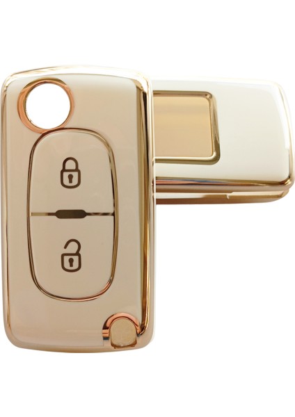 Peugeot Partner 207 307 308 407 Uyumlu Kumanda Anahtar Kılıfı Oto Anahtarlık Beyaz Gold