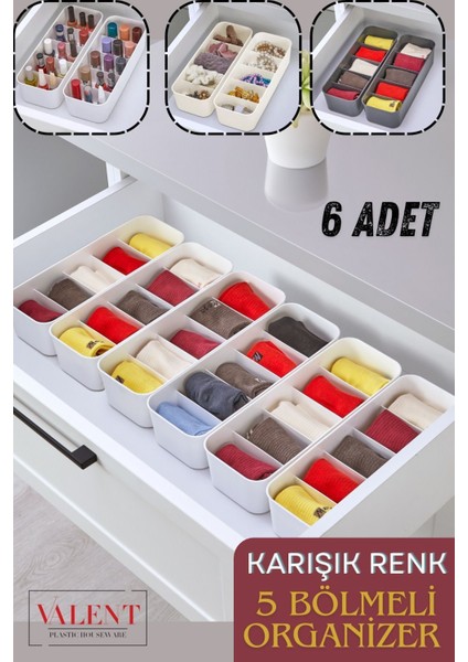 Plastik 5 Bölmeli Düzenleyici, Saat, Takı, Toka, Çorap, Iç Çamaşırı Organizeri 6 Adet 6 Çok Renkli