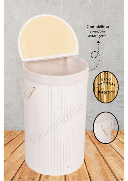 60 x 40 Yuvarlak Beyaz Naturel Bambu Çamaşır Sepeti - Çamaşır Kirli Sepeti Beyaz 75 L Bambu