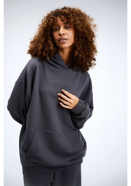 Kadın Timeless Oversize Antrasit Hoodie Sweatshirt