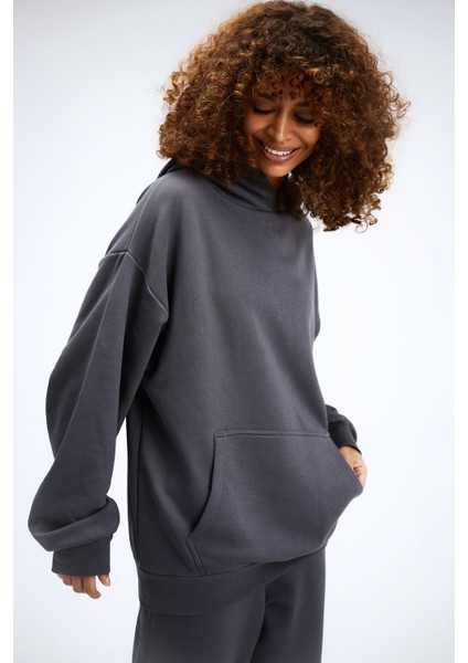 Kadın Timeless Oversize Antrasit Hoodie Sweatshirt