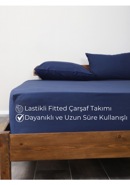 Rozet Tekstil Lacivert Lastikli Çarşaf Takımı Fitted Pamuklu Dokuma Kumaş Yastık Kılıflı