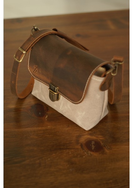 Mini Tote Hakiki Deri & Mumlu Kanvas Kadın Çanta- Tarçın-Bej modelleri