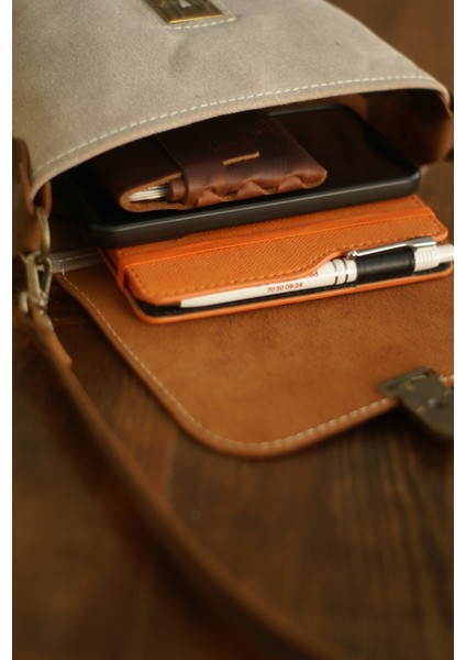Mini Tote Hakiki Deri & Mumlu Kanvas Kadın Çanta- Tarçın-Bej fırsatları