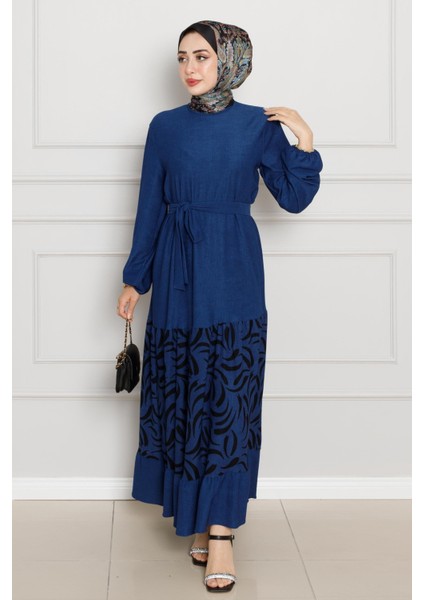 Eteği Desenli Karin Elbise-Saks Mavi