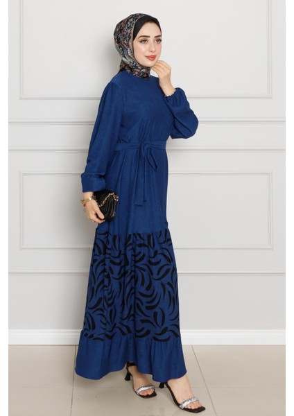 Eteği Desenli Karin Elbise-Saks Mavi fiyatları