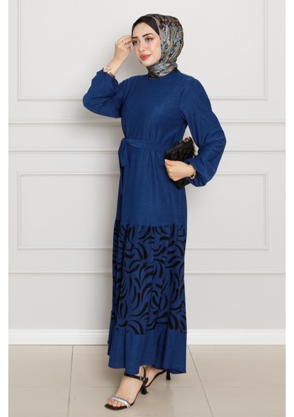 Eteği Desenli Karin Elbise-Saks Mavi modelleri