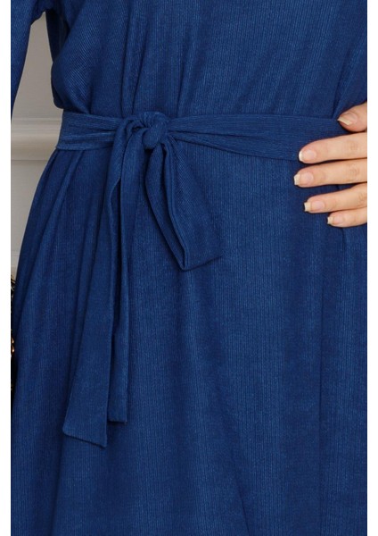 Eteği Desenli Karin Elbise-Saks Mavi fırsatları