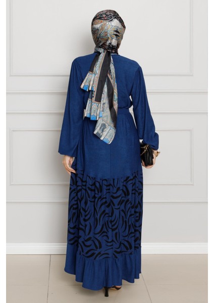 Eteği Desenli Karin Elbise-Saks Mavi indirimleri