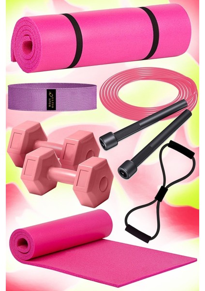 Tekno Trust Pembe Son Kalite Pilates Seti Inanılmaz Fiyat Pilates Minderi 2 Adet Dambıl Squat Band Atlama Ipi D
