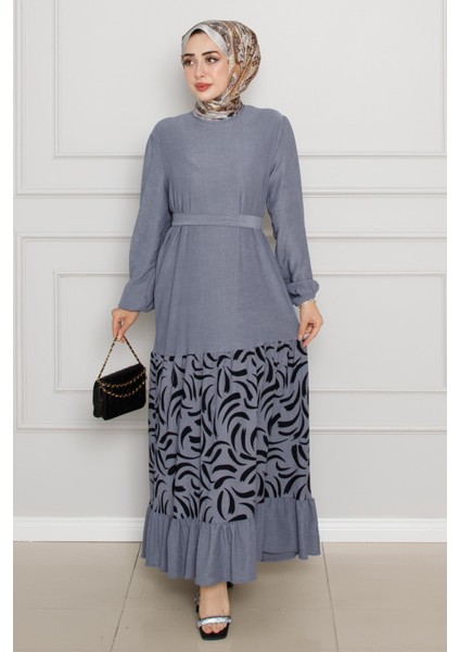 Eteği Desenli Karin Elbise-Gri