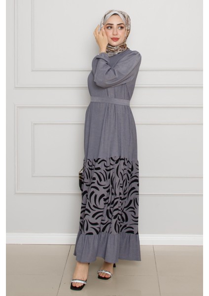Eteği Desenli Karin Elbise-Gri modelleri