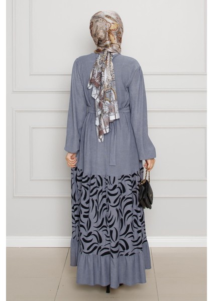 Eteği Desenli Karin Elbise-Gri indirimleri