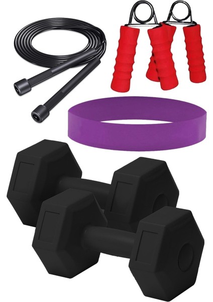 Tekno Trust Siyah 1 kg x 2 Adet Siyah Dambıl Atlama Ipi Aeroik Squat Bant 2 Adet Süngerli El Yayı Plastik