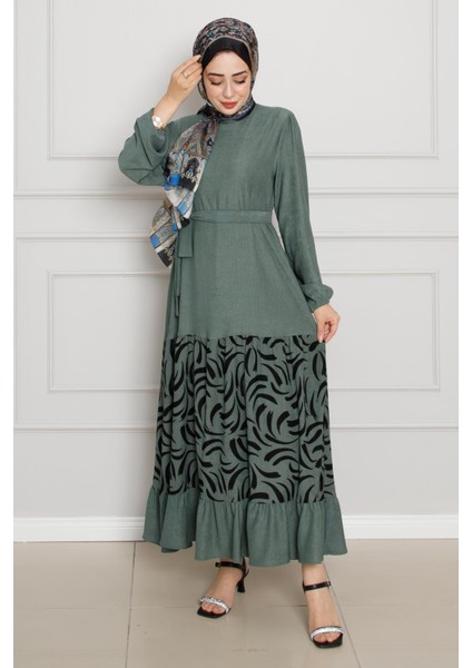 Eteği Desenli Karin Elbise-Zümrüt Yeşili modelleri