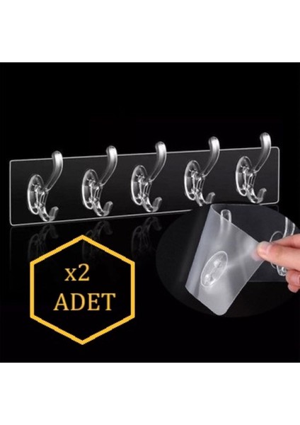 29 cm 2 Adet Kendinden Yapışkanlı Güçlü Şeffaf 5li Askılık - Kapı Arkası Mutfak Duvar Banyo Bambu M