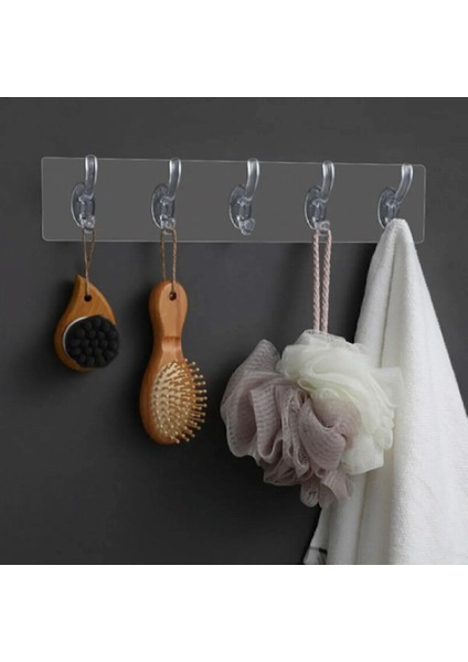 29 cm 2 Adet Kendinden Yapışkanlı Güçlü Şeffaf 5li Askılık - Kapı Arkası Mutfak Duvar Banyo Bambu M
