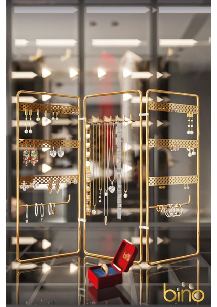 Tekno Trust Metal Takı Düzenleyici Organizeri Kutusu Dekoratif Takı Standı 3 Parça Kolye Yüzük Küpelik Altın Mü