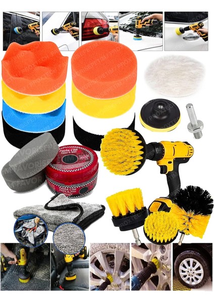 Tekno Trust 18 W PRO18PCS 115MM Pasta Cila Polisaj Süngeri,fırça Mikrofiberbez,pastacila Sünger Matkap Parlatma