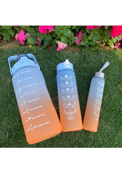 Mavi Motivasyonel 3lü Set Su Matarası Su Şişesi Suluk 2LT+900ML+600ML Tritan Spor Salonu Su Şişesi