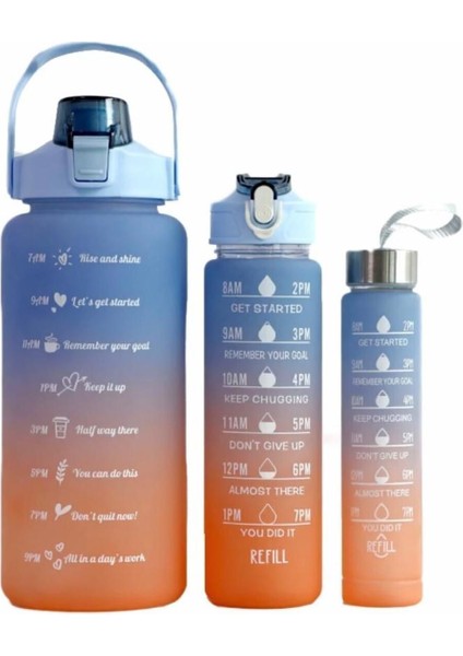 Mavi Motivasyonel 3lü Set Su Matarası Su Şişesi Suluk 2LT+900ML+600ML Tritan Spor Salonu Su Şişesi