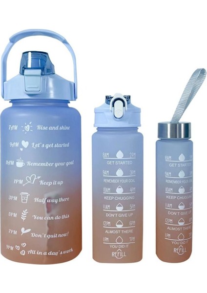 Mavi Motivasyonel 3lü Set Su Matarası Su Şişesi Suluk 2LT+900ML+600ML Tritan Spor Salonu Su Şişesi