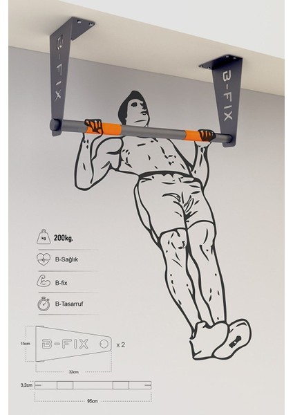 Tekno Trust Gri Barfiks Aleti - Barfiks Demiri - Barfix Çubuğu ( Antrasitgri) Duvara Monte 80 - 100 cm