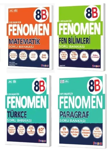 Fenomen Yayıncılık 8. Sınıf Matematik (B) - Fen Bilimleri (B) - Türkçe (B) - Paragraf (B) Soru Bankası Seti (4 Kitap)