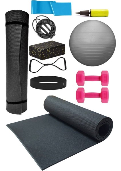 Tekno Trust Siyah Pilates Minderi Lastiği Ip Sekizgen Lastik Loop Band Yoga Blok 65 cm Top Pompa ve 1 kg Dambıl
