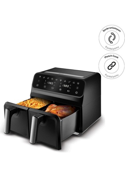 Resmi Distribütör Garantili Multifry Xxxl 4+4 Litre Dijital Twin Iki Hazneli Airfryer Modern Siyah